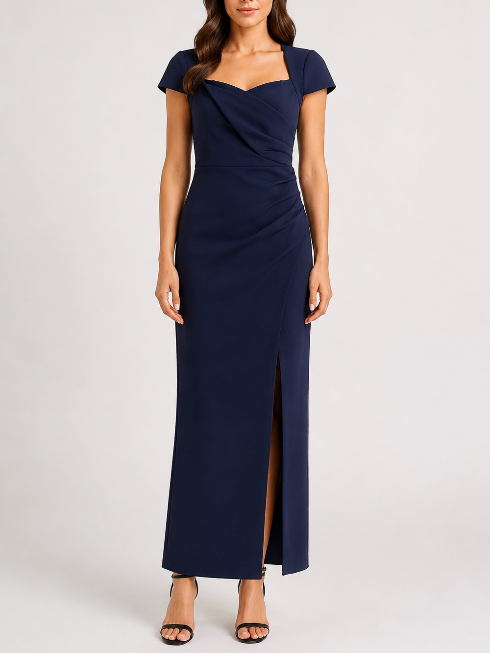 Likely Navy Blue Cap Sleeve Ruched Slit Maxi Dress Formal Gown Size 8